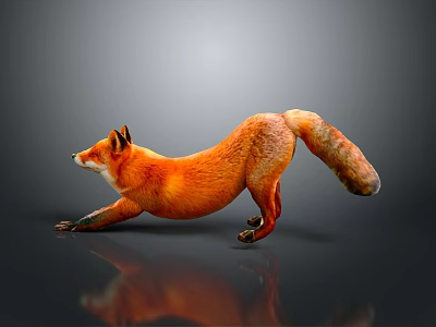 Orange Fox Game Movie Character In Dynamic Running Pose With Reflection On Gray Background 3d model
