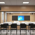 School Classroom With Large Screen Wooden Walls Windows Colorful Chairs And Ceiling Lighting