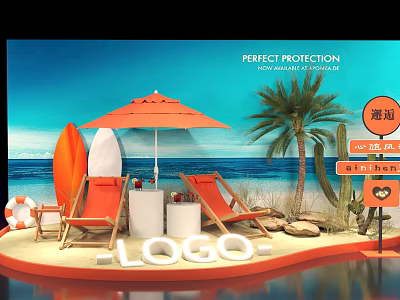 Beach Photo Spot With Orange Umbrella Deck Chairs Surfboards Palm Tree And Ocean 3d model