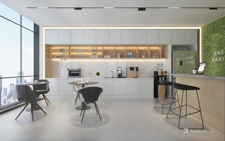 Modern Break Room Interior With Cabinets Tables Chairs And Coffee Machine 3d model 