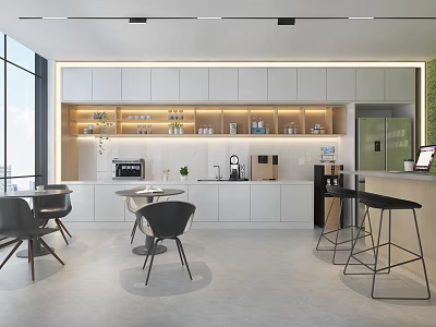 Modern Break Room Interior With Cabinets Tables Chairs And Coffee Machine 3d model