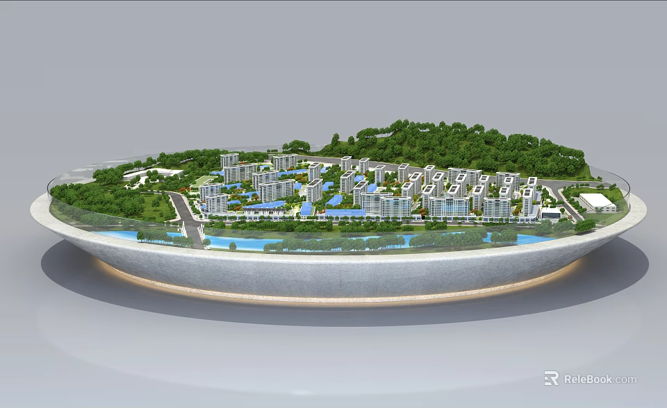 Commercial Equipment Round Architectural Model With Buildings Greenery And Water 3d model 