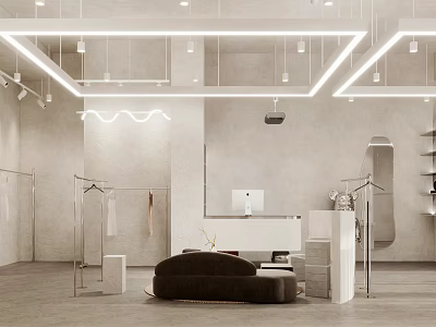 Modern Clothing Store Interior With Clothing Racks Sofa Cashier Counter And Lighting 3d model
