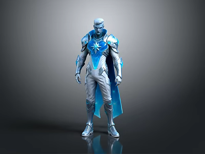 Glowing Blue Silver 3D Character Armor With Star Emblem And Cape 3d model