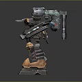 Detailed Cybernetic Robot Warrior With Orange Black Armor And Mechanical Limbs