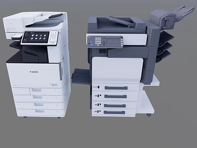 Two Different Multifunctional Office Printers With Control Panels And Paper Trays 3d model