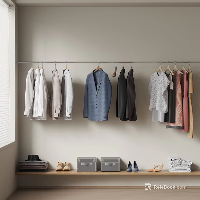 Organized Clothes Closet Setup With Hanging Shirts Blazer Folded Items And Storage Boxes 3d model