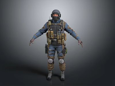 Tactical Operative In Blue Uniform With Helmet Protective Gear And Backpack 3d model