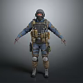 Tactical Operative In Blue Uniform With Helmet Protective Gear And Backpack