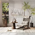 Wooden Rocking Leisure Chair With Patterned Cushion Small Round Table And Fern Plant By Window