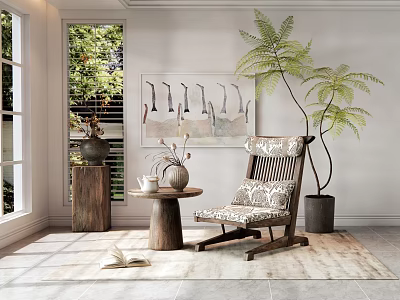 Wooden Rocking Leisure Chair With Patterned Cushion Small Round Table And Fern Plant By Window 3d model