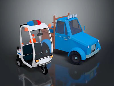 Cartoon Style Vehicles Display Blue Truck White Tricycle With Police Lights And Reflective Surface 3d model