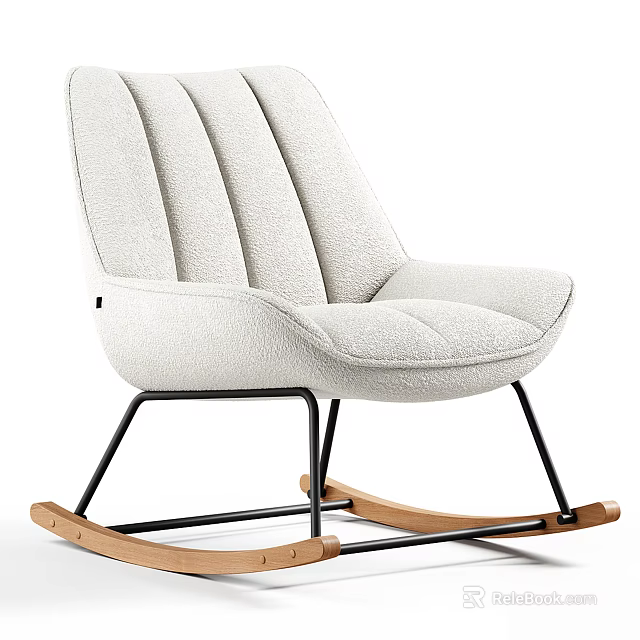 Comfortable Beige Striped Fabric Leisure Rocking Chair With Black Metal Frame And Wooden Base 3d model 