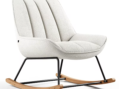Comfortable Beige Striped Fabric Leisure Rocking Chair With Black Metal Frame And Wooden Base 3d model
