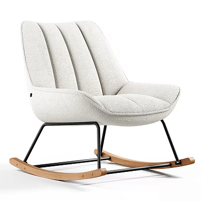 Comfortable Beige Striped Fabric Leisure Rocking Chair With Black Metal Frame And Wooden Base 3d model