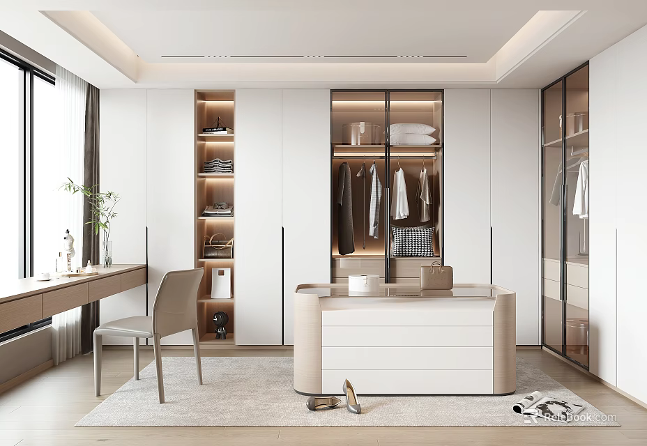 Modern Walk-in Closet Interior With White Wardrobes Glass Doors Dressing Table And Storage Shelves 3d model 