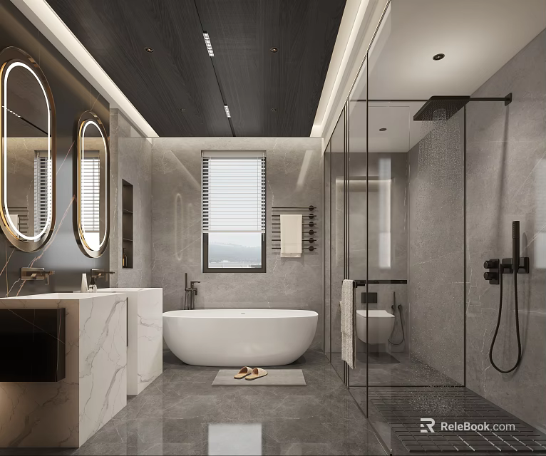 Modern Bathroom Interior Design With Double Mirrors Freestanding Bathtub And Glass Shower Enclosure 3d model 