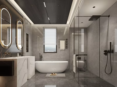 Modern Bathroom Interior Design With Double Mirrors Freestanding Bathtub And Glass Shower Enclosure 3d model