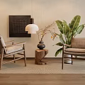 Accent Chairs With Wooden Frame Linen Cushions Hanging Lamp Green Plant And Artwork