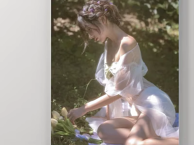 Outdoor Portrait of Elegant Woman in White Dress with Flower Crown and Bouquet on Grass 3d model