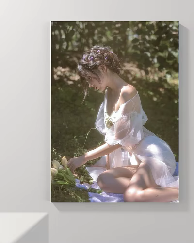 Outdoor Portrait of Elegant Woman in White Dress with Flower Crown and Bouquet on Grass 3d model