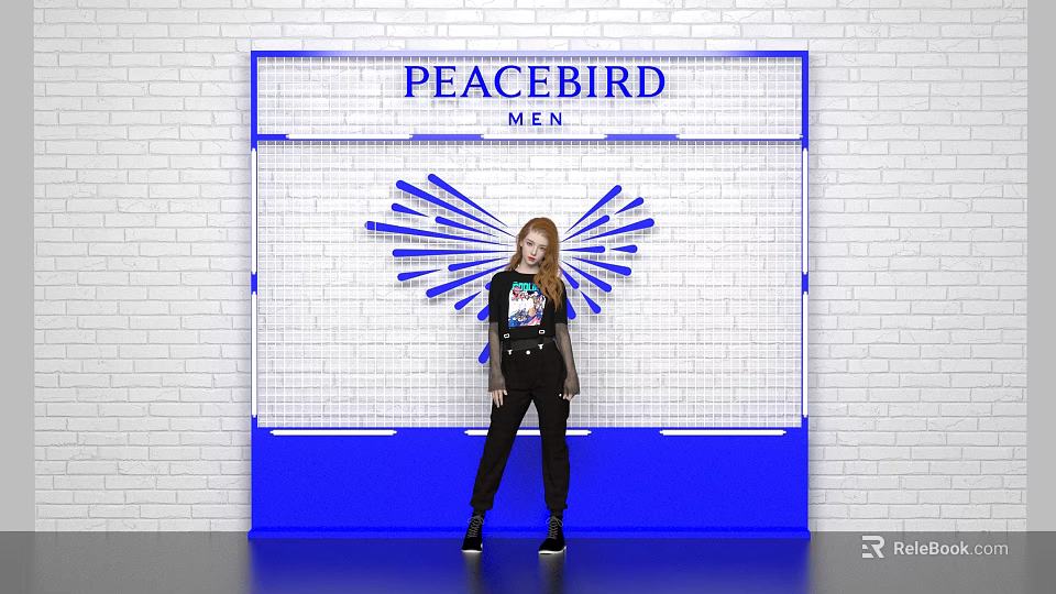 PEACEBIRD MEN Background Wall with White Brick Wall Blue Frame Grid and Wing Decoration 3d model 
