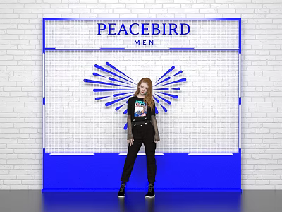 PEACEBIRD MEN Background Wall with White Brick Wall Blue Frame Grid and Wing Decoration 3d model