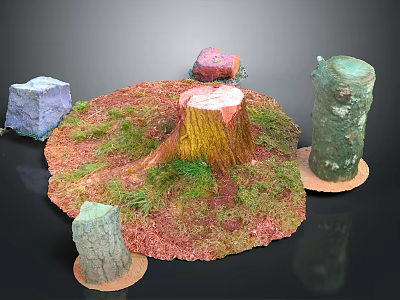 Natural Outdoor Decor Scene With Tree Stump Trunk Grass And Colorful Stones 3d model