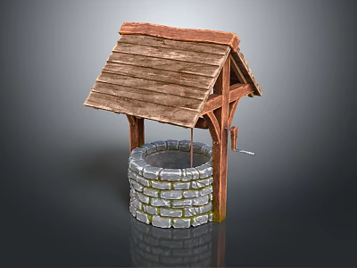 Traditional Well Structure With Wooden Roof And Stone Brick Wall 3d model