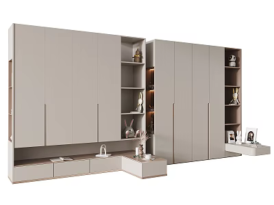 Modern Light Gray Wardrobe With Multiple Doors Open Shelves And Bottom Drawers 3d model
