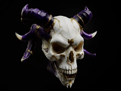 Decorative Ornament Set Featuring White Cracked Skull With Purple And Gold Horns 3d model
