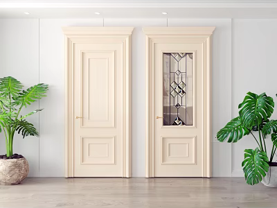 Cream Colored Hinged Doors with Patterned Glass Panel White Walls Wooden Floor and Green Plants 3d model