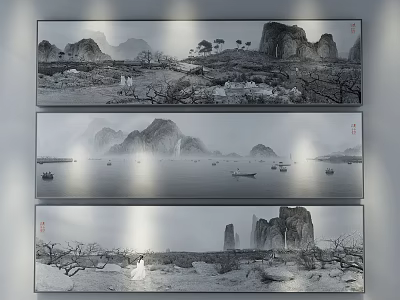 Traditional Chinese Black and White Landscape Painting with Mountains Water Boats and Rock Formations 3d model