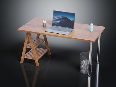 Wooden Office Desk Featuring Laptop Pen Holder Water Bottle And Trash Bin With Crumbled Paper 3d model