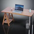 Wooden Office Desk Featuring Laptop Pen Holder Water Bottle And Trash Bin With Crumbled Paper