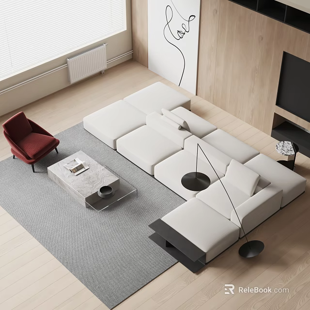 White L shaped Sofa and Coffee Table Set with Marble Top Red Chair and Gray Rug 3d model 