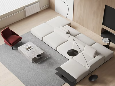 White L shaped Sofa and Coffee Table Set with Marble Top Red Chair and Gray Rug 3d model