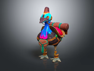 Fantasy Bird Like Character With Blue Pink Neck And Brown Backpack Featuring Green Accents 3d model