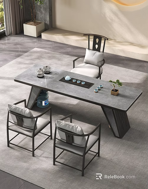 Modern Tea Table and Comfortable Cushioned Chairs with Gray Tabletop Tea Sets Small Potted Plant 3d model 