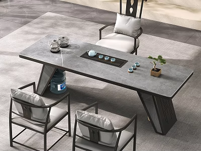 Modern Tea Table and Comfortable Cushioned Chairs with Gray Tabletop Tea Sets Small Potted Plant 3d model