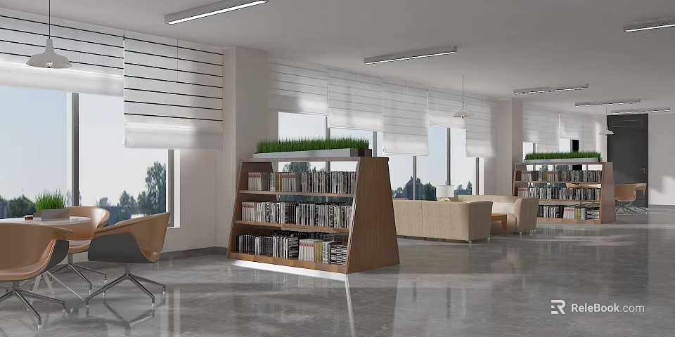 Cozy Lounge Area Interior With Wooden Bookshelf Sofa Large Windows And Green Plants 3d model 