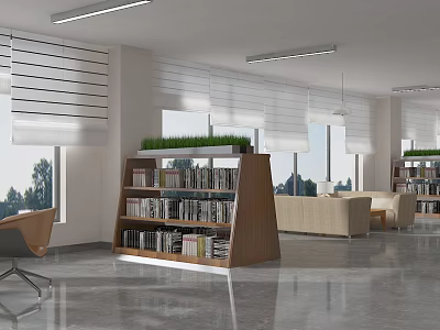 Cozy Lounge Area Interior With Wooden Bookshelf Sofa Large Windows And Green Plants 3d model
