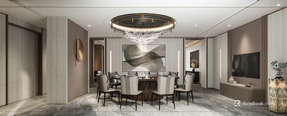 Elegant Modern Private Dining Room Interior With Round Chandelier Dining Table And Chairs 3d model