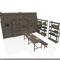 Modern Display Space With Multiple Wooden Shelves Table Bench And Items 3d model