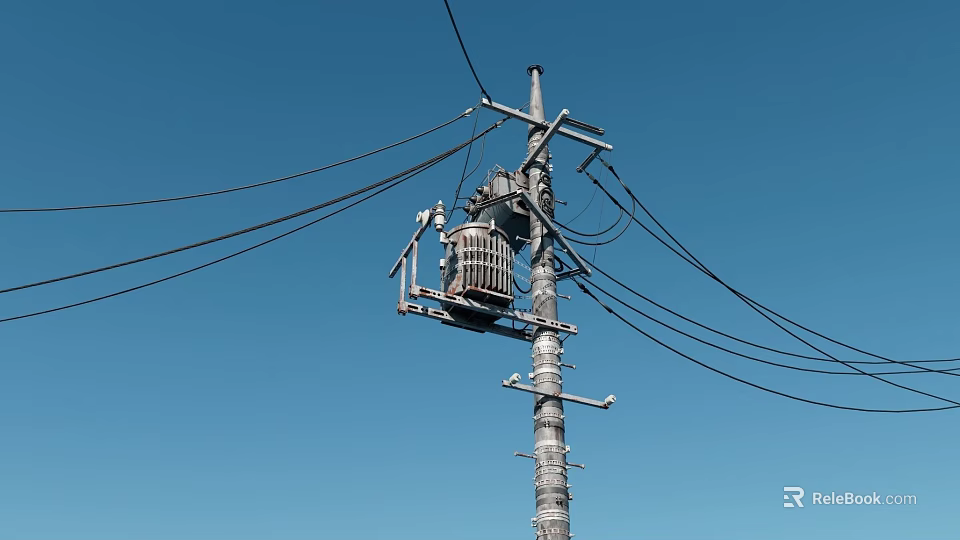 Road Traffic Sign Mounted On Electric Pole With Wires Under Clear Blue Sky 3d model 
