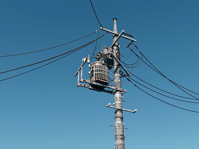 Road Traffic Sign Mounted On Electric Pole With Wires Under Clear Blue Sky 3d model