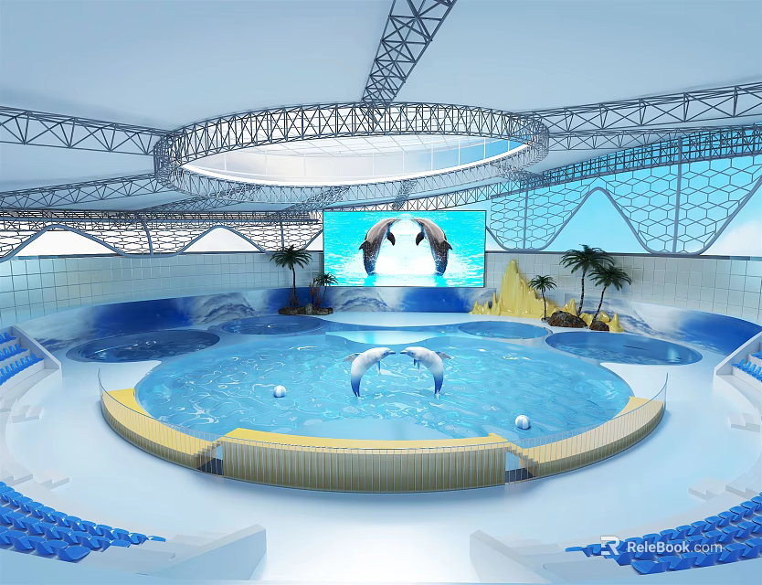 Dolphin Show Venue With Circular Performance Pool Blue Seating And Large Screen 3d model 