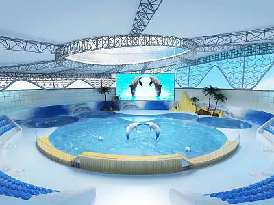Dolphin Show Venue With Circular Performance Pool Blue Seating And Large Screen 3d model