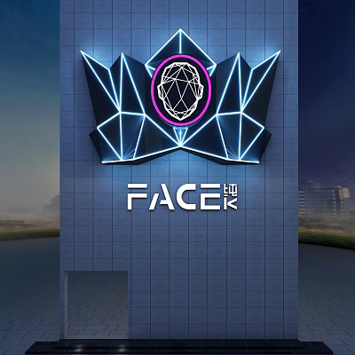 Illuminated Geometric Storefront Signage With Blue Purple Neon Lights And FACE Logo On Gray Wall 3d model