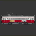Vintage Red and White Train Model with Japanese Characters on Side Displayed on Gray Background